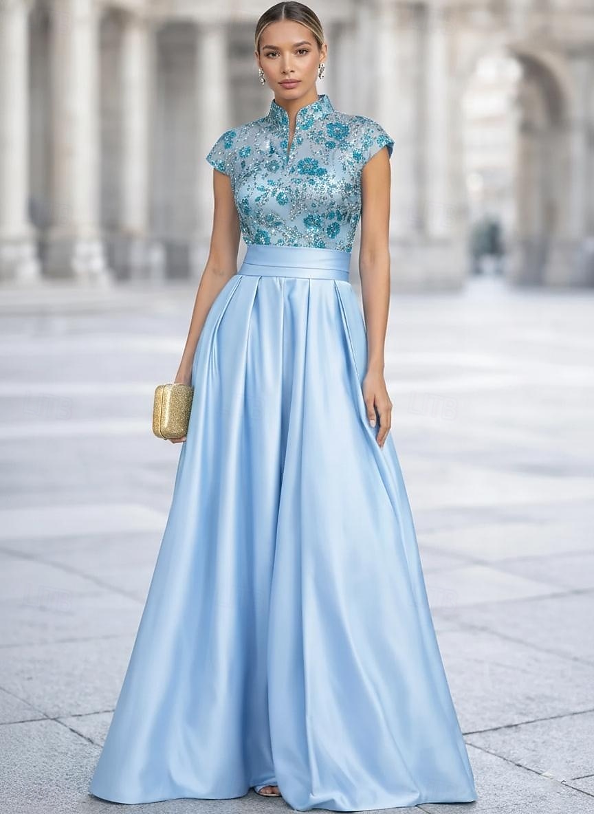 Linea ad A Lunghezza al pavimento Abito da Sera Elegante Scintillante Brillanti Manica Corta Collo Alto Festa serale Matrimonio Tasca Raso Tulle con Pieghe Perline ricamate del 2026 a $171.99 –P3
