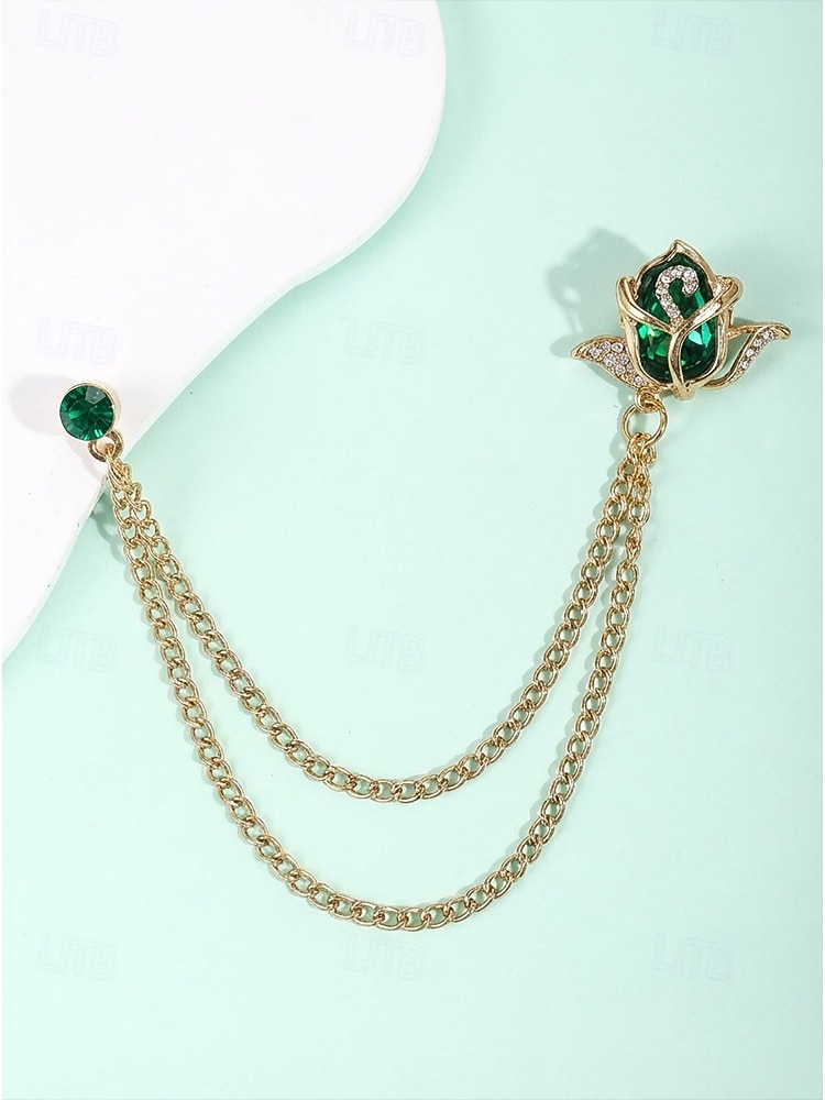 Spilla da bavero da uomo in lega con rosa e catena, accessorio per abiti da sposa e da festa, vari colori, elegante spilla floreale per occasioni formali del 2026 a $11.99 –P8