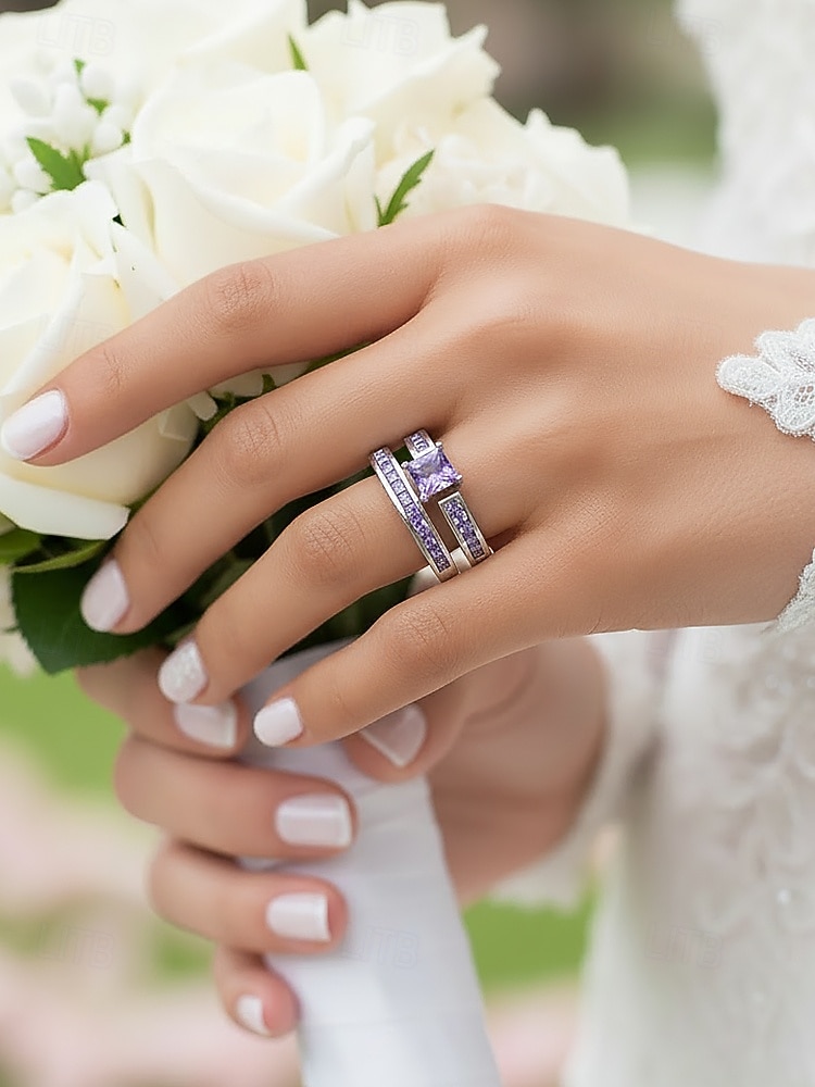 Juego de anillos para mujer, cobre con circonitas cúbicas, multicolor, elegantes anillos a juego para bodas, fiestas y eventos formales, joyería nupcial o de noche perfecta. 2026 - $11.99 –P1