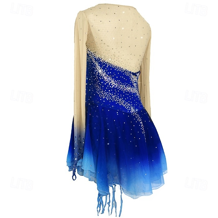 Kunstschaatsjurk Dames Voor meisjes Schaatsen Jurken Outfits Blauw + Blauw Licht Lapwerk Asymetrische zoom Spandex Netstof Hoge Elasticiteit Wedstrijd Kunstschaatskleding Kristal / Bergkristal Lange 2026 - $168.99 –P4