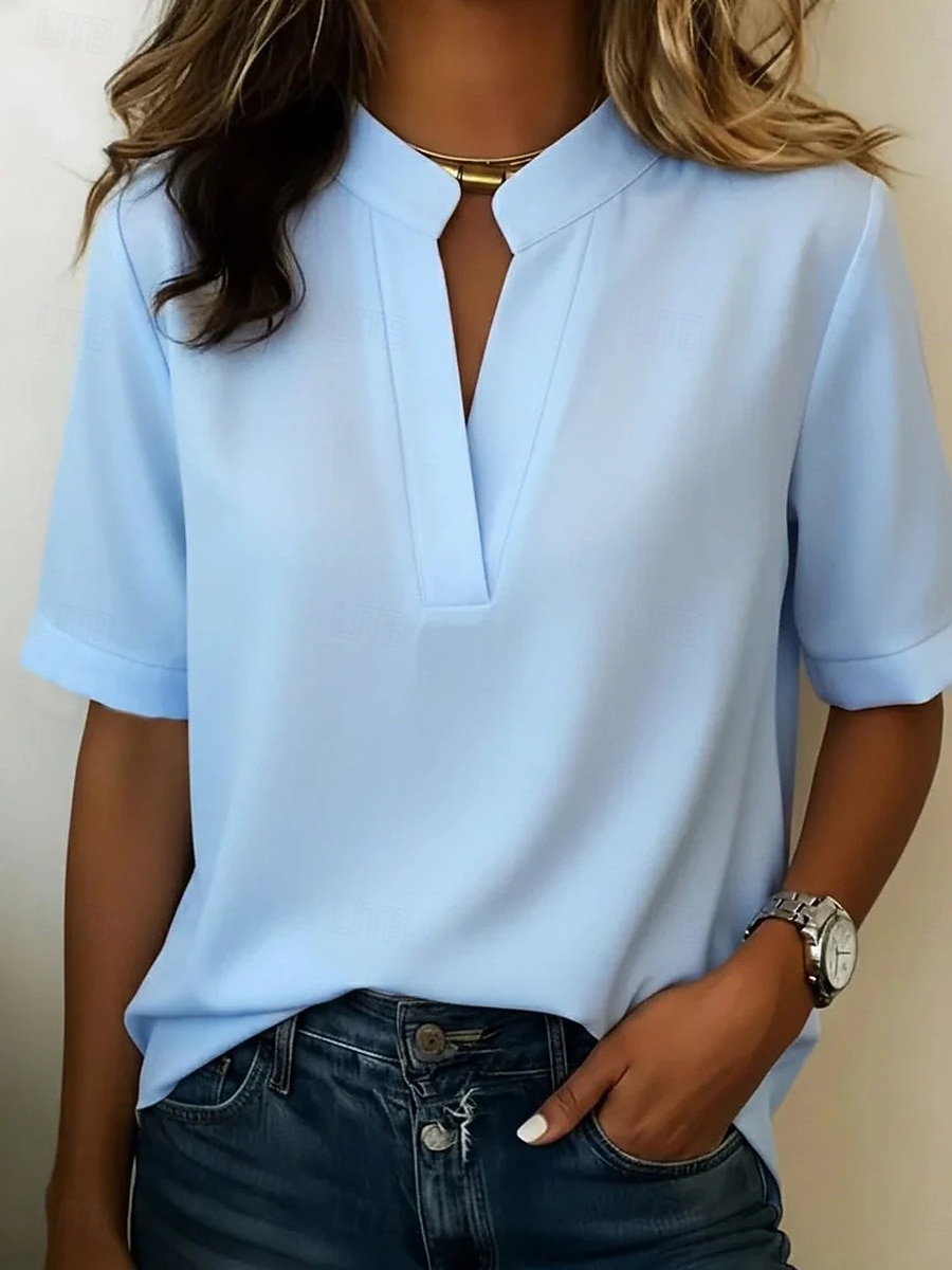 Mujer Camiseta Camiseta superior Plano Moda Elegante Clásico Manga Corta Escote en Pico Tops regulares Diario Noche Fin de semana Blanco Rosa Azul cielo Azul Tinta Verde Trébol Verano Primavera 2026 - $10.49 –P3