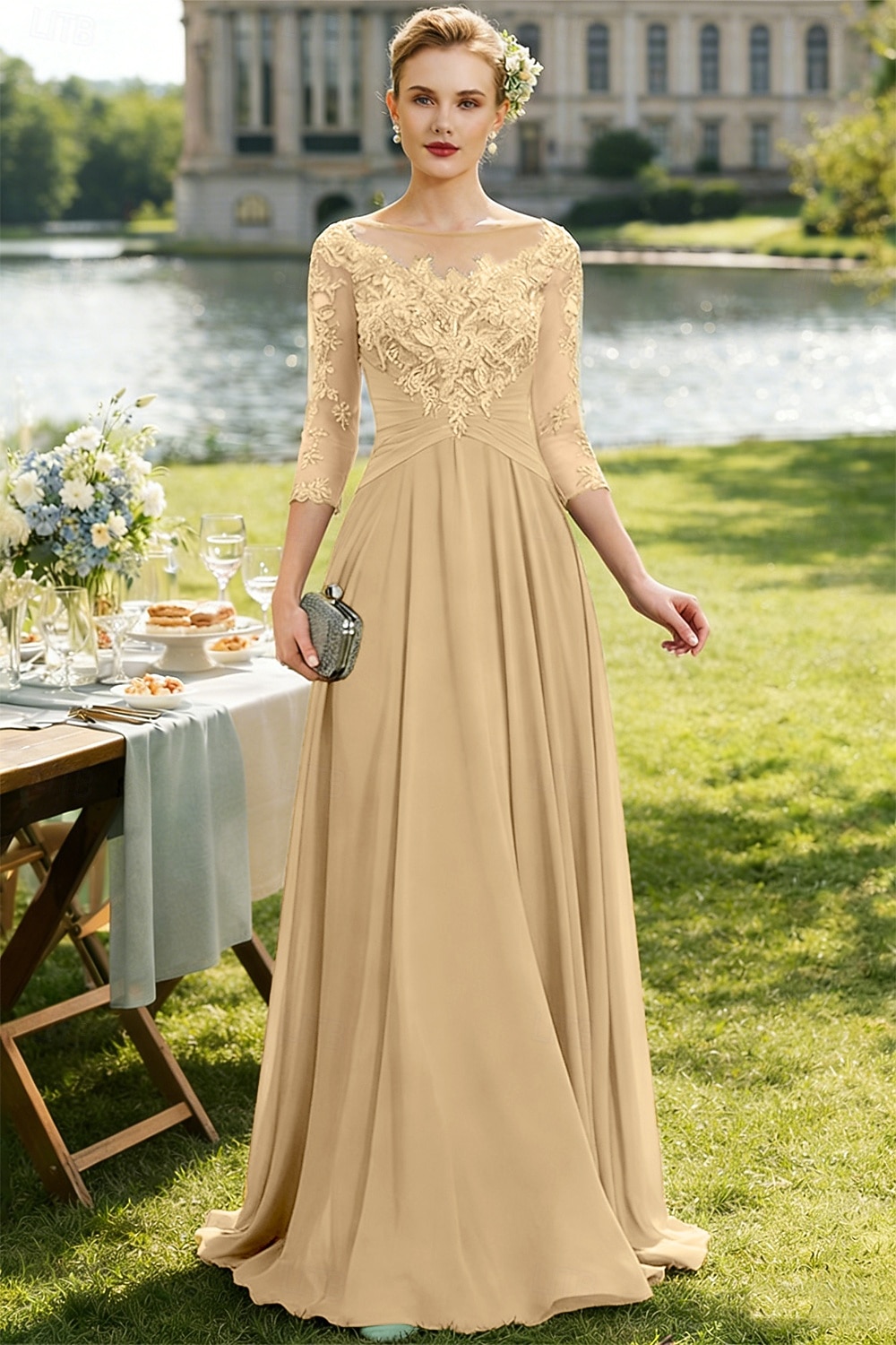 Linea ad A Lunghezza al pavimento Abito da invitata a nozze Abito Formale Abito da sera Abito da cerimonia per signora Manica 3/4 Collo gioiello Elegante Ricevimento di matrimonio Chiffon Pizzo con del 2026 a $195.99 –P6