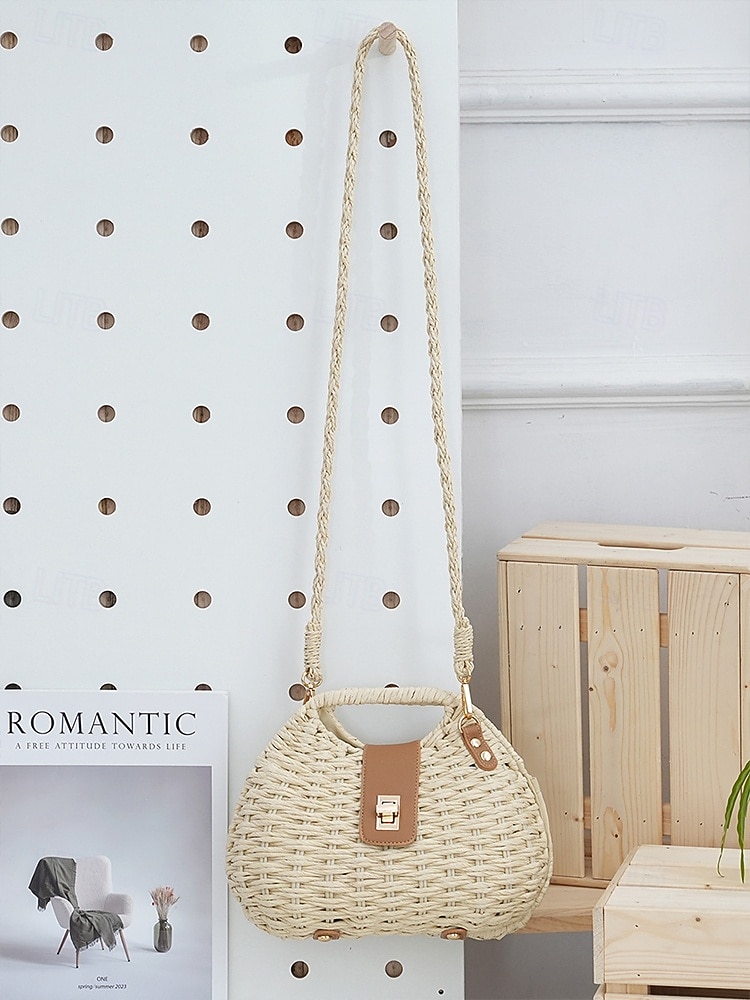 Damväska i vävd stråaxelrem, beige och khakifärger, lätt sommarväska med justerbar rem, bohemisk chic-stil, perfekt för semester, resor och vardagsbruk 2026 - $26.99 –P7