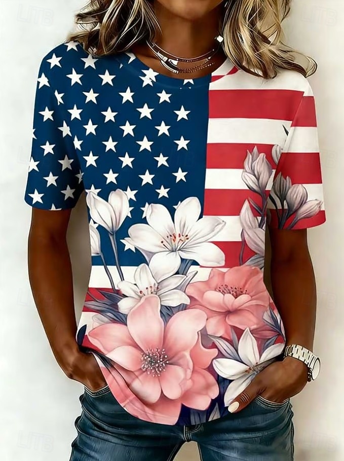 Amerykański Dzień Niepodległości Damskie Podkoszulek Nadruk Graficzny Litera Flaga Ameryki Zabytkowe Elegancki Klasyczny Krótki rękaw Półgolf Zwykłe topy Codzienny Czarny Biały Czerwony Czerwony 2026 - $22.99 –P4