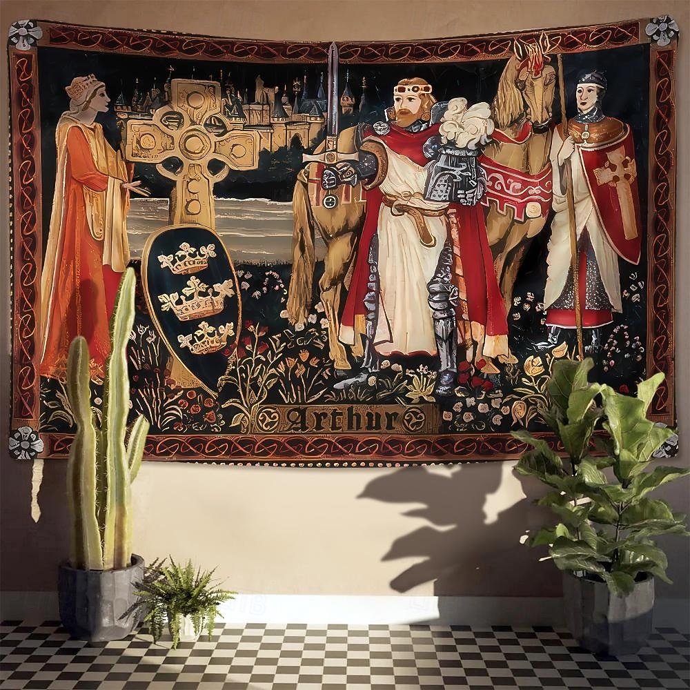Tapisserie murale médiévale représentant le roi Arthur, un chevalier, avec le texte d'Arthur, une croix celtique et un écu royal. Tissu vintage à suspendre, idéal pour une bibliothèque, un garage de 2026 ? $42.99 –P3