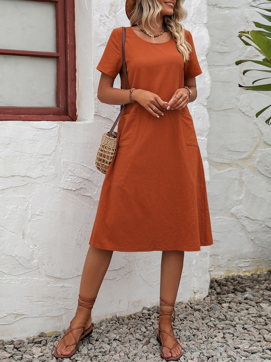 Women's Midi  Faux Cotton Linen  Dress A Line Dress Summer Dress Casual Daily Loose Fit Plain Short Sleeve Crew Neck Black Orange Army Green Apricot Summer 2026 - $28.99 –P3