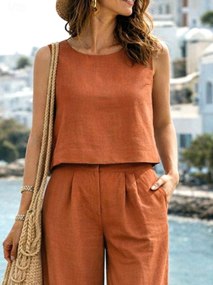 Damen Hosen-Sets Kunstbaumwollleinen Ärmellos Rundhalsausschnitt Einfach Elegant Mode Streetwear Lässig Täglich Outdoor Blau Schwarz Orange Sommer Lässiger Schnitt 2026 - $28.99 –P5