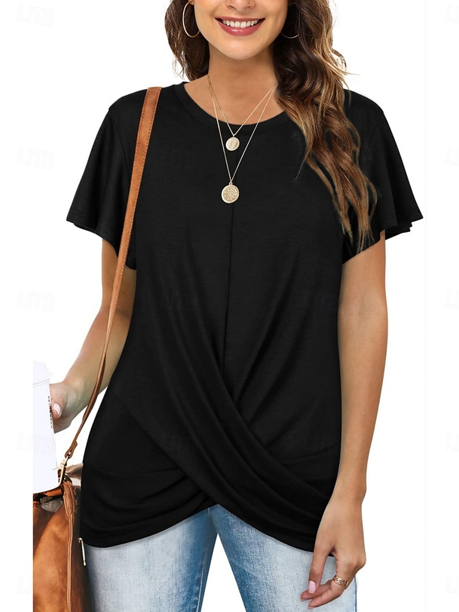 Mulheres Camiseta T-shirt Franzido Tecido Moda à moda Clássico Manga Curta Gola Redonda Tops regulares Diário Para Noite Final de semana Azul Preto Branco Rosa Vinho Verão Primavera de 2026 por $19.99 –P4