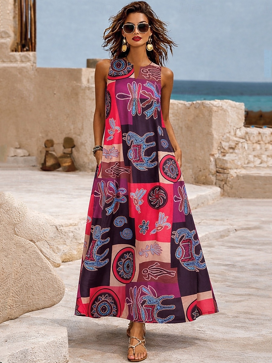 Femmes Robe maxi Robe d'Été Robe trapèze Robe d'été Vacances Occasionnel Boho Quotidien Fête Coupe Ample Graphique Tribal Plume Sans manches Col en V Col Halter Bleu Noir Blanche Rouge claire Ét de 2026 ? $39.99 –P5