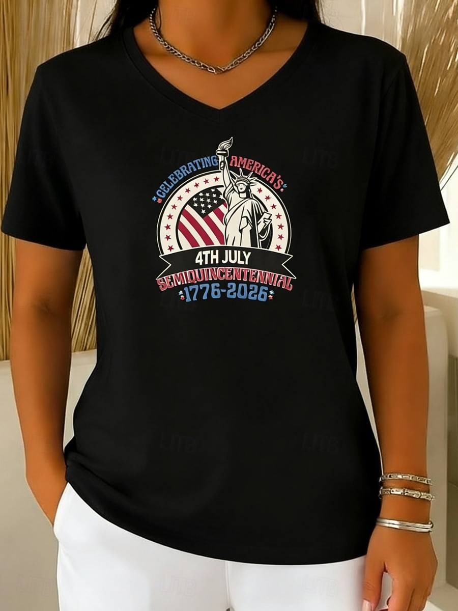 día de la independencia americana Mujer Camiseta Camiseta superior Estampado Graphic Elegante Clásico Casual Manga Corta Escote en Pico Tops regulares Diario Noche Fin de semana Azul Piscina Negro 2026 - $16.49 –P5