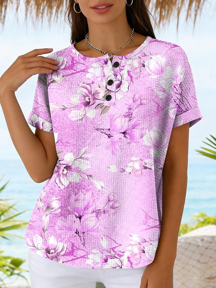 Dame Waffle T Skjorte Trykk Blomstergrafikk Vintage Stilfull Klassisk Kortermet Rundhals Regulære Topper Daglig Blå Rosa Lilla Grønn Sommer Vår 2026 - $24.99 –P3