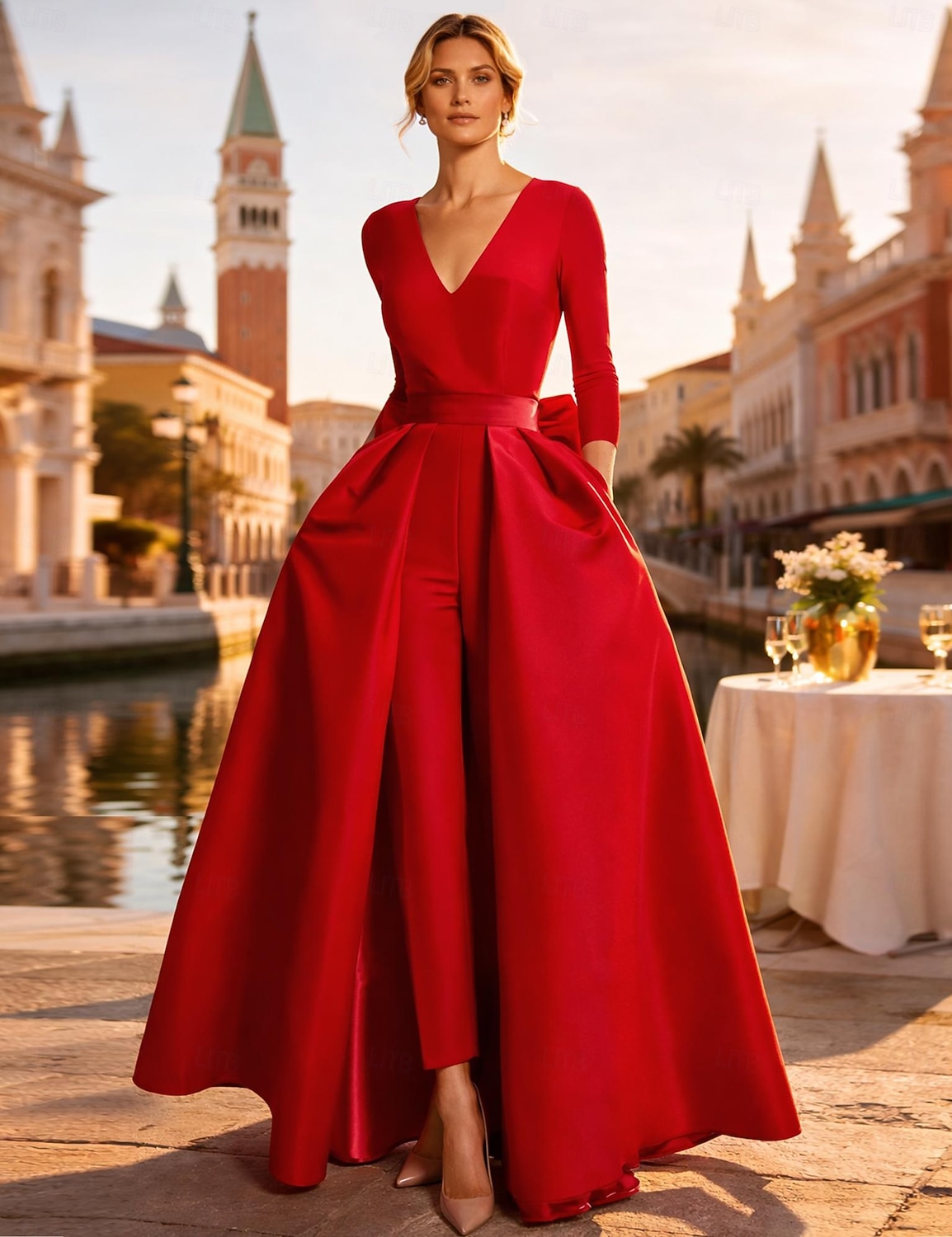 Două Piese Salopeta Lungime Podea Detașabil Rochii de seara Elegant Manșon Lung În V Nuntă Invitat la nunta Buzunar Țesătură întinsă cu Fluture 2026 - $153.99 –P1