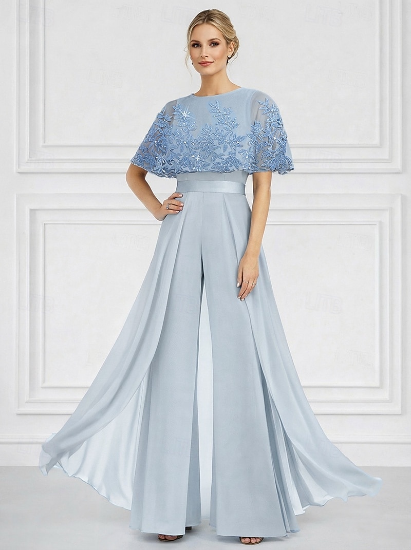 Traje de pantalón Hasta el Suelo Vestido formal Vestido de Madrina Manga Corta Cuello Barco Elegante Sencillo Embellecido Formal Invitado a la boda Iglesia Gasa con Cuentas Apliques 2026 - $182.99 –P1