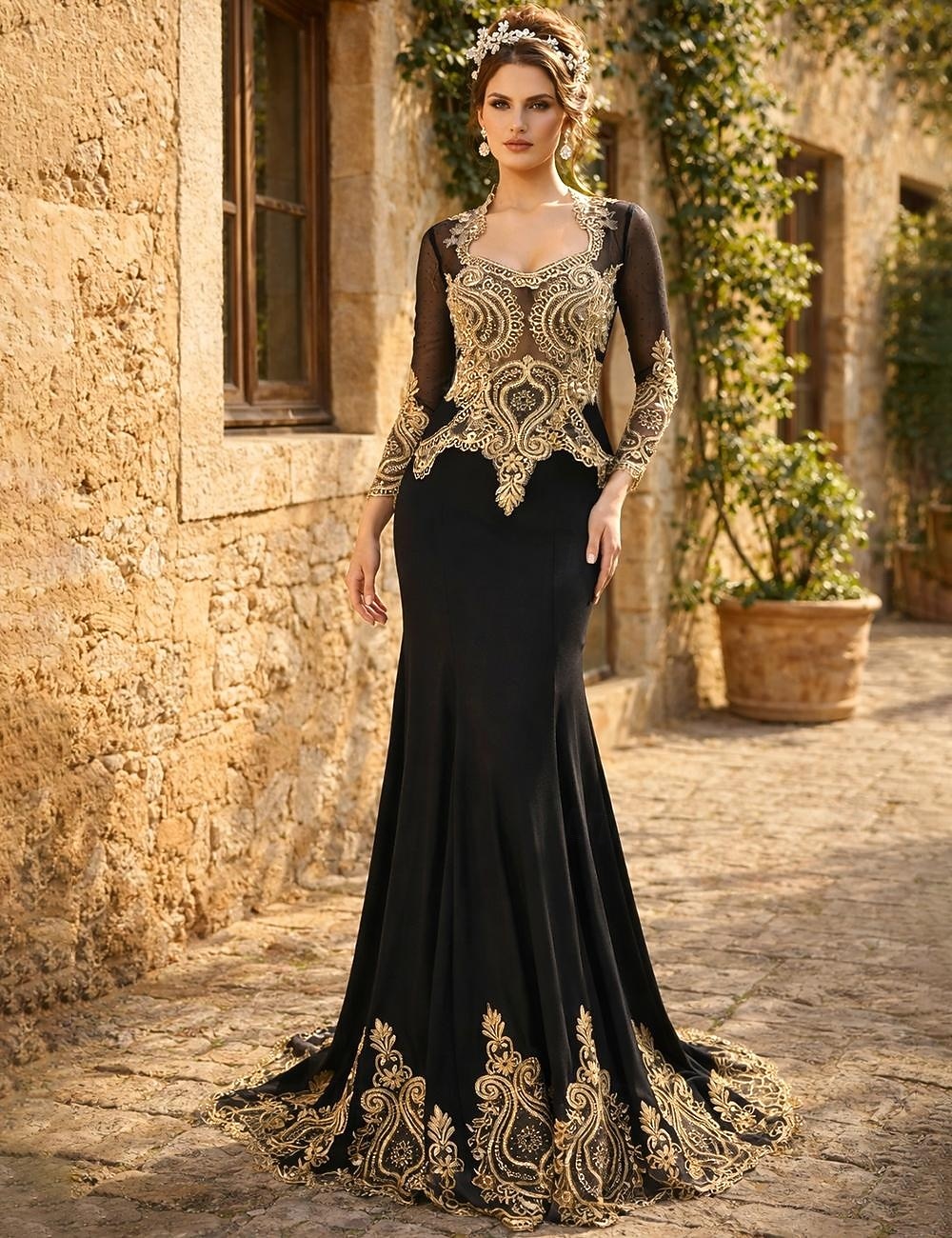 Sirena Tromba Strascico da Corte Abito da ballo con mantello Abito da Sera Abito formale Vintage Brillanti Brillare & Splendere Manica Lunga Collo Alto Halloween Ospite di nozze Raso Tulle con del 2026 a $275.99 –P3