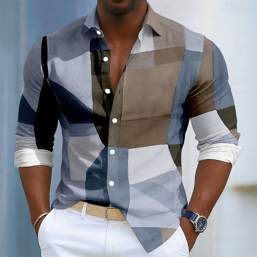 Voor heren Kleurenblok Lapwerk Abstracte kunst Overhemd Overhemd met knopen Lange mouw Mode-casual Dagelijks Buiten Streetwear Lente Herfst Strijkijzer 3D-afdrukken Linnenachtig shirt blauw Bruin 2026 - $27.99 –P3