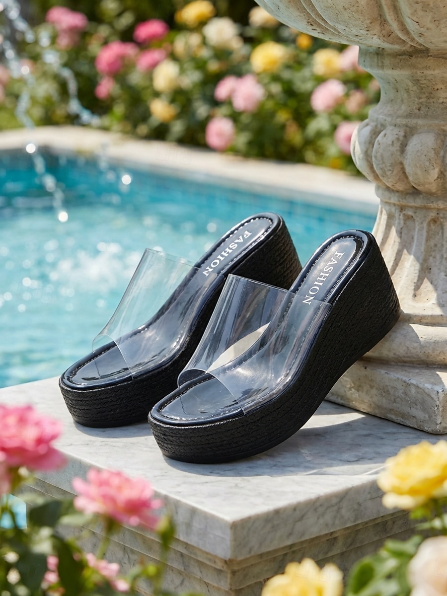 Sandálias anabela pretas femininas com tira transparente – chinelos transparentes para jardim, praia, piscina e férias. &roupa casual de 2026 por E£1477.03 –P5