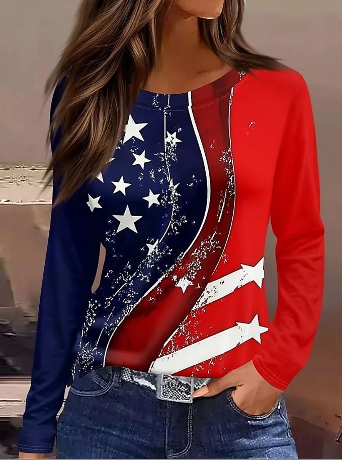 Giorno dell'Indipendenza Americana Per donna Maglietta Stampato Grafico Bandiera Bandiera Americana Elegante Classico Casual Manica Lunga Girocollo Top lunghi Quotidiano Bianco / blu Rosso Rosso / blu del 2026 a $24.99 –P3