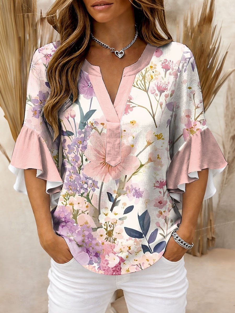 Per donna Blusa Volant Stampato Floreale Grafico Vintage Quotidiano Elegante Manica 3/4 Scollo a V Top Regolari Quotidiano Ferie Abbigliamento da vacanza Rosa Viola Arancione Verde Estate Primavera del 2026 a $32.99 –P2