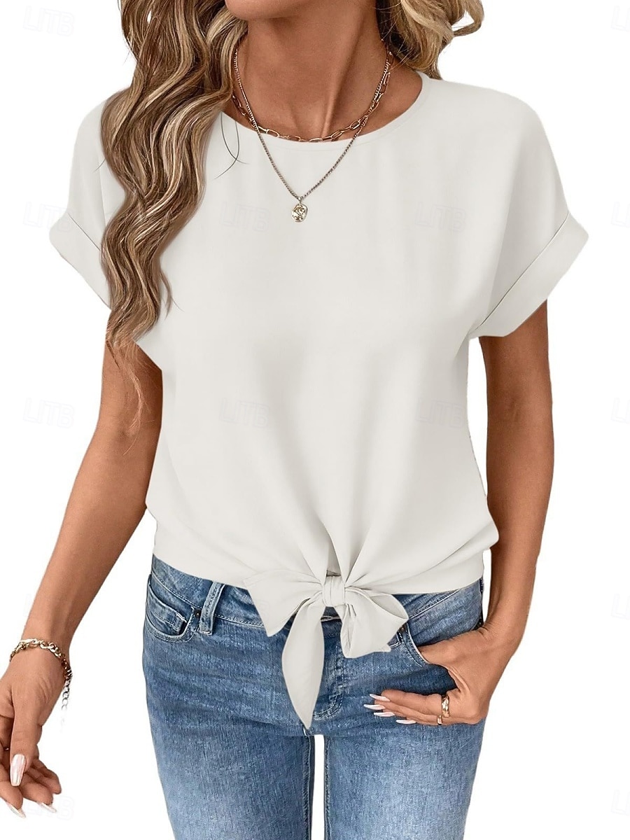 Femmes T-shirt Nœud Uni Mode Élégant Classique Manche Courte Col ras du cou Hauts Réguliers Quotidien Sortir Week-end Noir Blanche Vin Marron Beige Été Printemps de 2026 ? $24.99 –P16