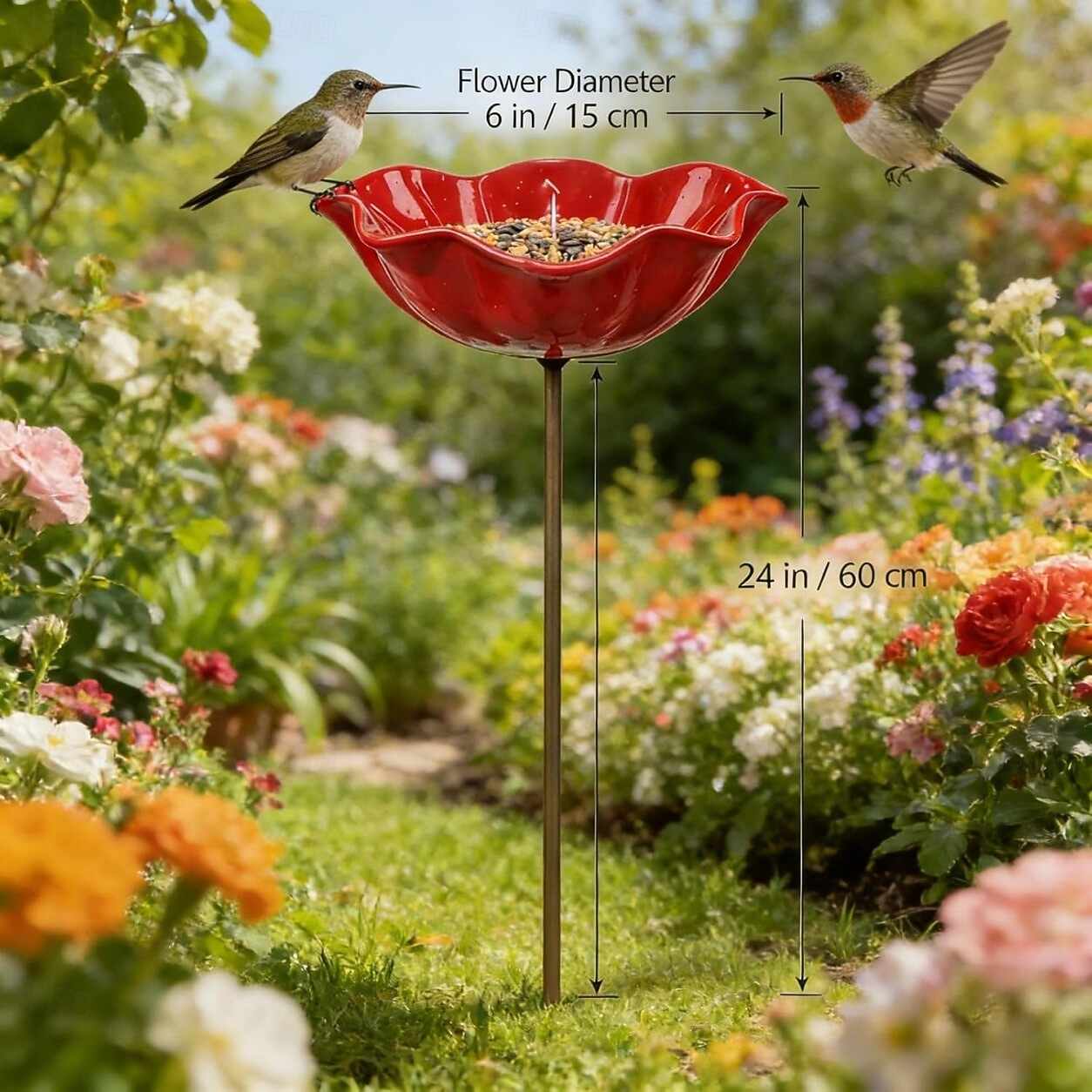 Handgefertigte Metall-Blume Als Gartenstecker – Vogeltränke & Bienentränke, 60 Cm Hoch, 15 Cm Durchmesser, Wetterfest (1