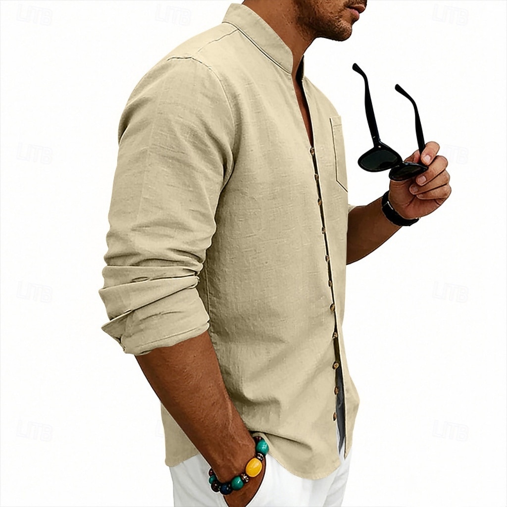 Homens Camisa Social Camisa de linho camisa de verão camisa de praia Tecido Casual Férias Preto Branco Rosa Azul Marinha Manga Longa Faixa Verão Primavera Roupa Bolsos de 2026 por $25.99 –P17