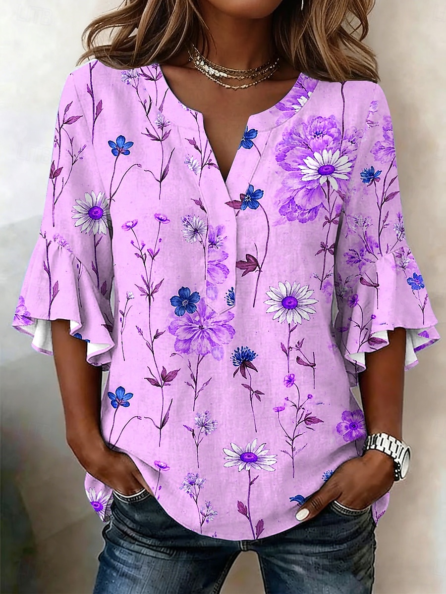 Dames Blouse Ruche Afdrukken Bloemig Grafisch Vakantie Dagelijks Retro vintage 3/4 mouw V-hals Normale tops Casual Dagelijks Feestdagen blauw Geel Blozend Roze Paars Zomer Lente 2026 - $26.99 –P4