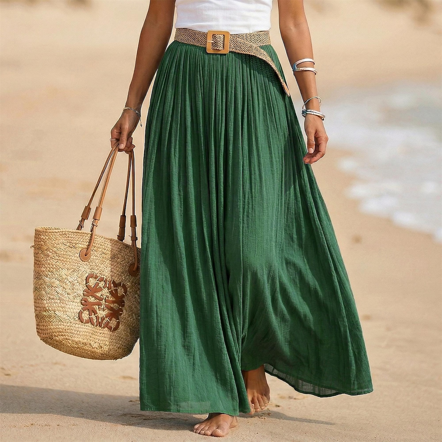 Pentru femei Fustă de vacanță Fustă din bumbac artificial și in Modă Casual Lung vară Maxi Talie Înaltă Fuste Simplu Zdrobit Fluid Strech Zilnic Plajă Albastru piscină Măr Verde Maroniu Galben Lămâie 2026 - $28.99 –P9