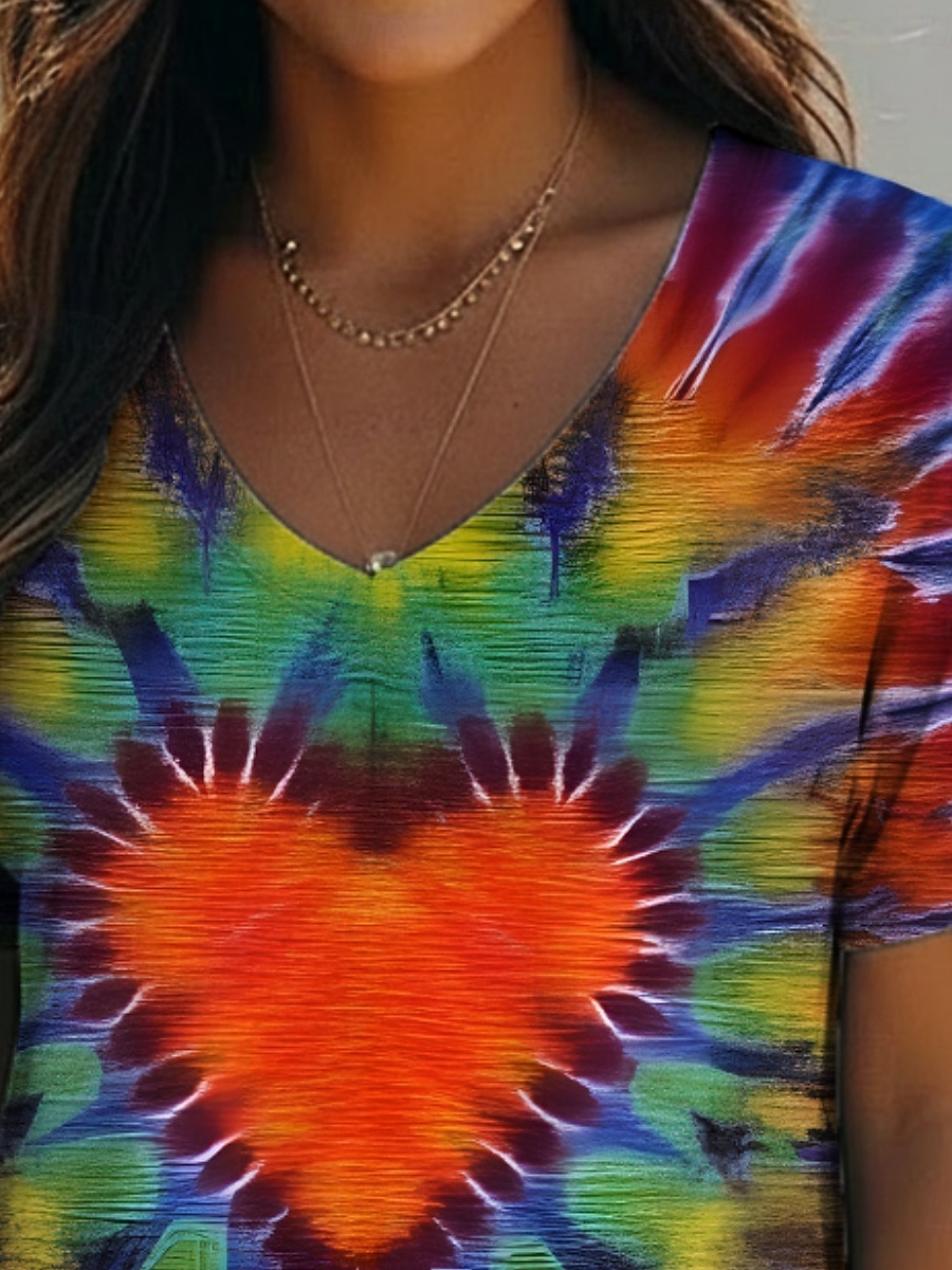 Per donna Maglietta Stampato Cuore Grafico Tinta a nodi Bohemien Vintage Casual Manica Corta Scollo a V Top Regolari Quotidiano Arcobaleno Estate Primavera del 2026 a $13.99 –P3