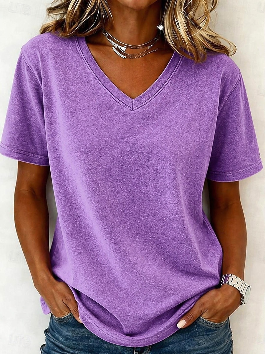 Damen T Shirt Baumwollhemd T-Shirt Gerafft Einfach Vintage Mode Stilvoll Kurzarm V Ausschnitt Normale Oberteile Lässig Täglich Ausgehen Blau Violett / Blau Schwarz Armeegrün Purpur Sommer Frühling 2026 - $21.99 –P12