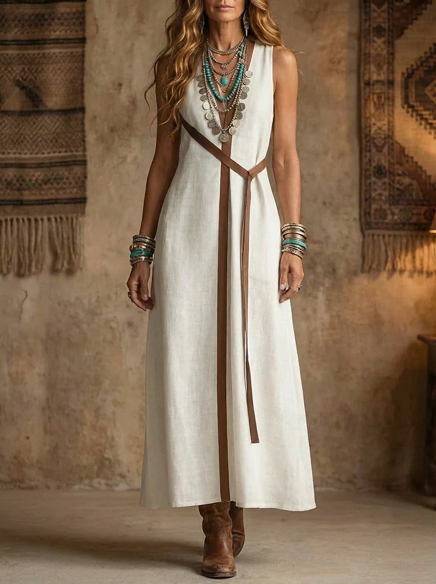 Mujer Vestido maxi Vestidos con tacto de lino Vestido bohemio Vestido de Columpio Elegante Moda Moderno Exterior Festivos Noche Ajuste regular Bloque de color Sin Mangas Collar mandarín Blanco 2026 - $31.99 –P1