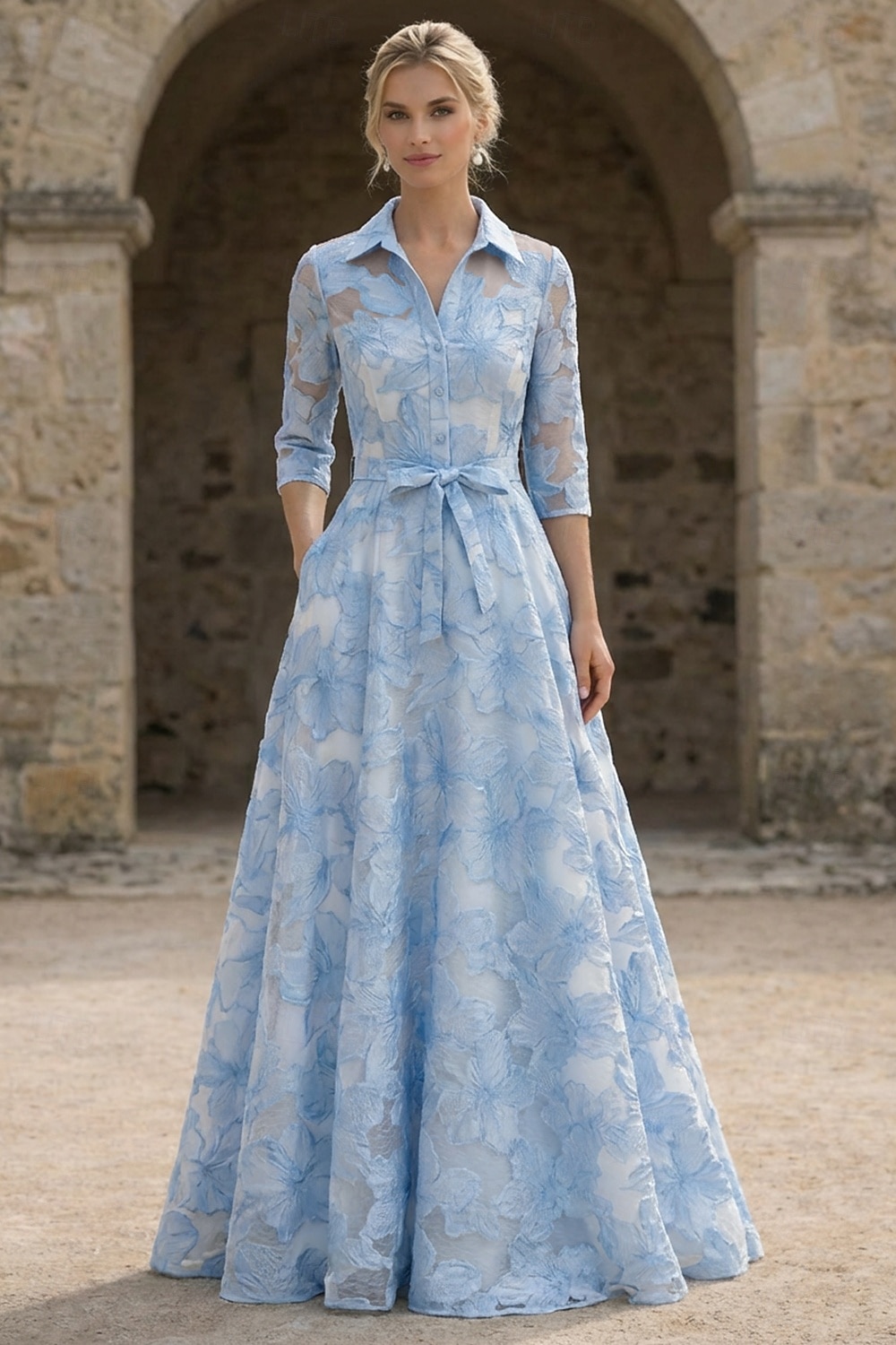 Linha A Longo Vestido Para Mãe dos Noivos Manga Longa Colarinho de Camisa Elegante Vintage Formal Festa de Família Kentucky Derby Cetim Organza com Laço(s) Flor de 2026 por $171.99 –P2