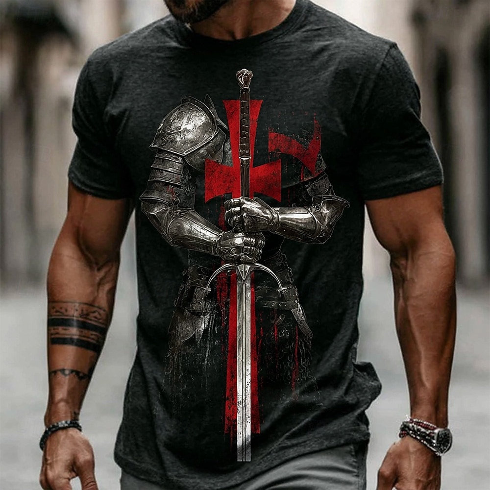 Maglietta per Uomini Crociati Cavalieri Medievali Guerriero con Spada Fantasia Gotica Stile Urban T-Shirt All Over Stampa Vestibilità Regolare Design Nera Bianca Abbigliamento di Design del 2026 a $19.99 –P1