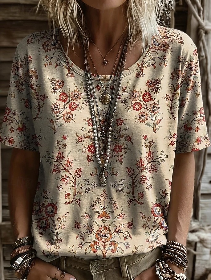 Women's T Shirt Print Floral Graphic Plants Vintage Stylish Casual Short Sleeve V Neck Regular Tops Casual Daily Weekend Blue White-Blue Light Beige Beige Summer Spring 2026 - $21.99 –P3