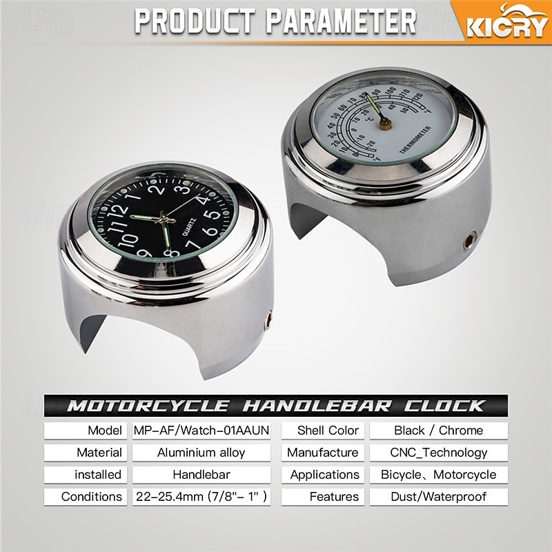 2-teiliges Motorrad-Lenkeruhr- und Thermometer-Set, wasserdichte Chrom-Quarzuhr &Temperaturanzeige für 7/8"- und 1"-Lenker, universell passend für Cruiser- und Chopper-Motorräder, schwarz oder silber 2026 - $24.99 –P9