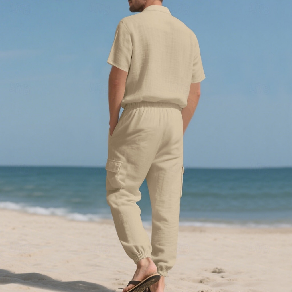 Men's Linen Shirt 2 Piece Shirt Set And Cargo Pants Linen Pants Trousers Set Plain Casual Daily Outdoor Turndown Short Sleeves Summer Fashion Casual Comfortable Clothing Apparel 2026 - $36.99 –P3