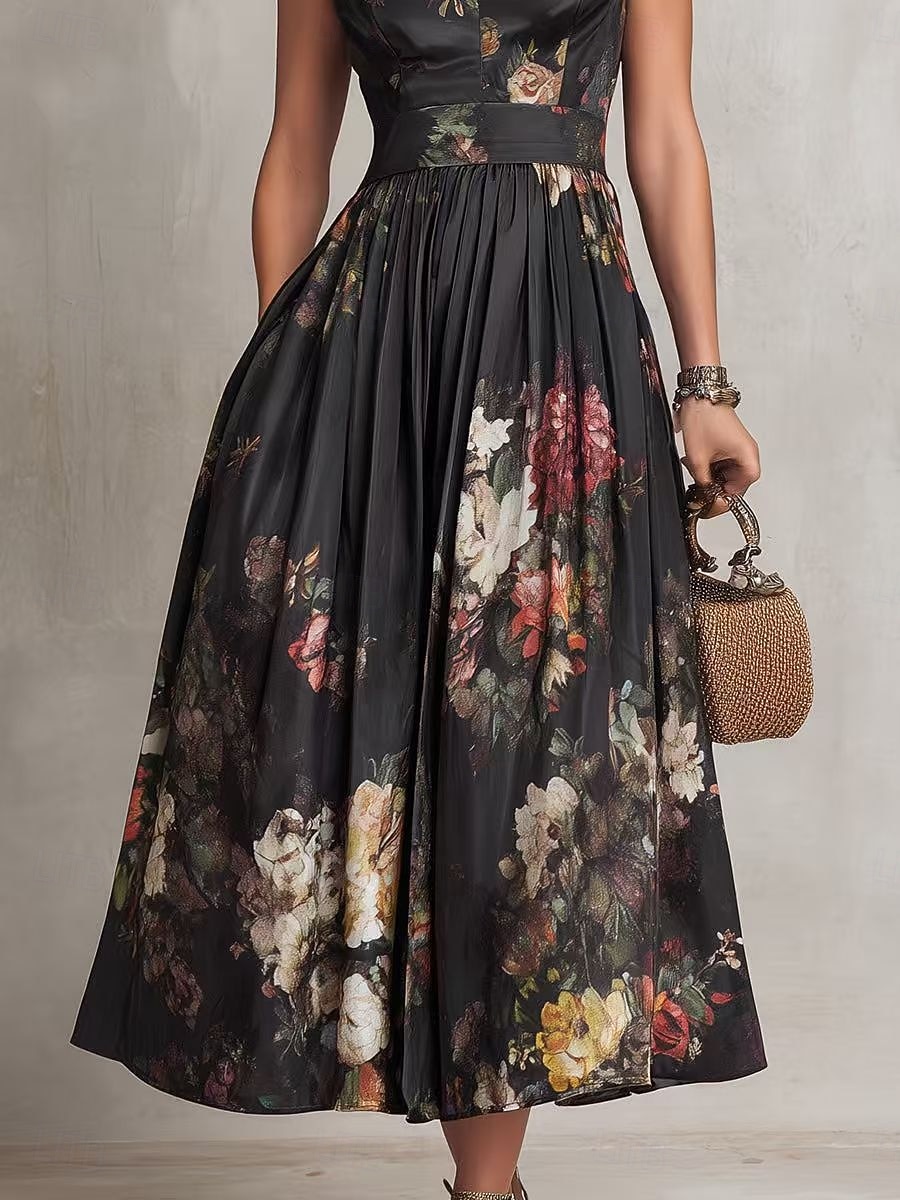 Per donna Abito Midi Abito in Raso Elegante Quotidiano Vacanza Weekend Vestibilità regolare Floreale Senza Maniche Colletto a Camicia Nero Estate del 2026 a E£2483.66 –P3