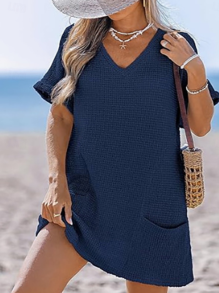 Жен. Купальники Накидка Купальное платье Платья купальник Пэчворк Карман Отпуск Одежда для пляжа Полотняное плетение V-образный вырез Короткие рукава Купальники 2026 - BHD 9.2 –P4