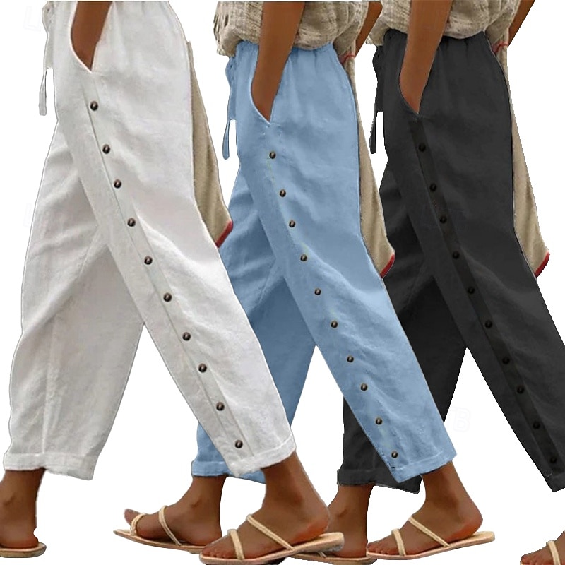3er-Pack Damenhosen, Sommerhosen, Freizeithosen, Urlaubshosen, Basic-Hosen, knöchellang, natürliches, schlichtes Design, Seitentaschen, seitliche Knöpfe, bequem, atmungsaktiv, nicht elastisch, ideal für Wochenendausflüge 2026 - $65.99 –P6