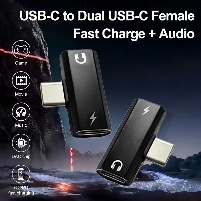 USB C to Dual USB C Adapter, 2 in 1 USB-C Headphone and Charger Adapter with DAC Chip Hi-Res Audio, PD Fast Charging Splitter Compatible with iPhone 17 Pro Max, iPad, Samsung Galaxy S26 Ultra Plus 2026 - $16.99 –P1