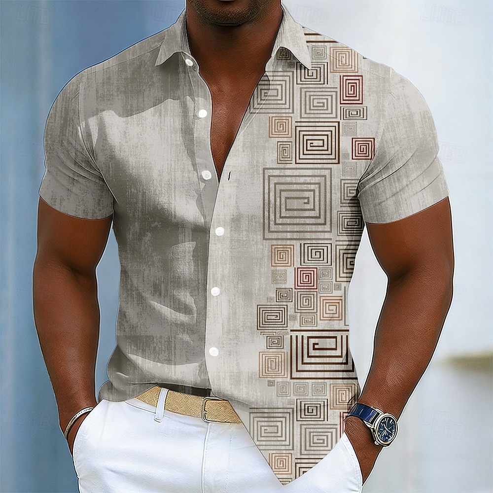Per uomo Geometrico Etnico Chiave greca Camicia Camicia con Bottoni Manica Corta Moda Casual Quotidiano All'aperto Vacanza Estate Primavera Collo ripiegato Stampa 3D Camicia tipo lino Blu Giallo del 2026 a $25.99 –P1
