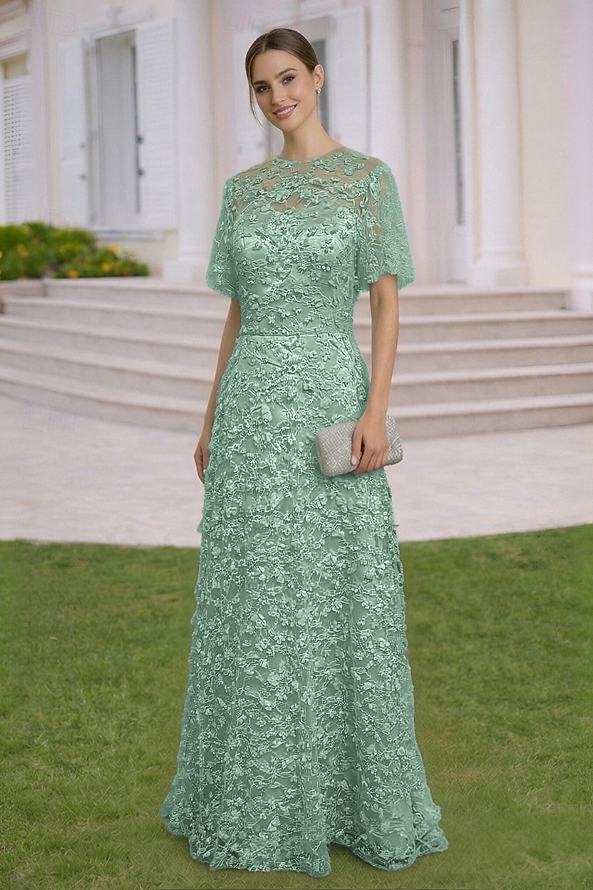 A-Line Dress Floor Length Wedding Guest Dress Formal Dresses Evening Gown Mother of the Bride Dress Short Sleeve Crew Neck Elegant Simple Embellished Formal Lace with 3D Flowers 2026 - $194.99 –P4
