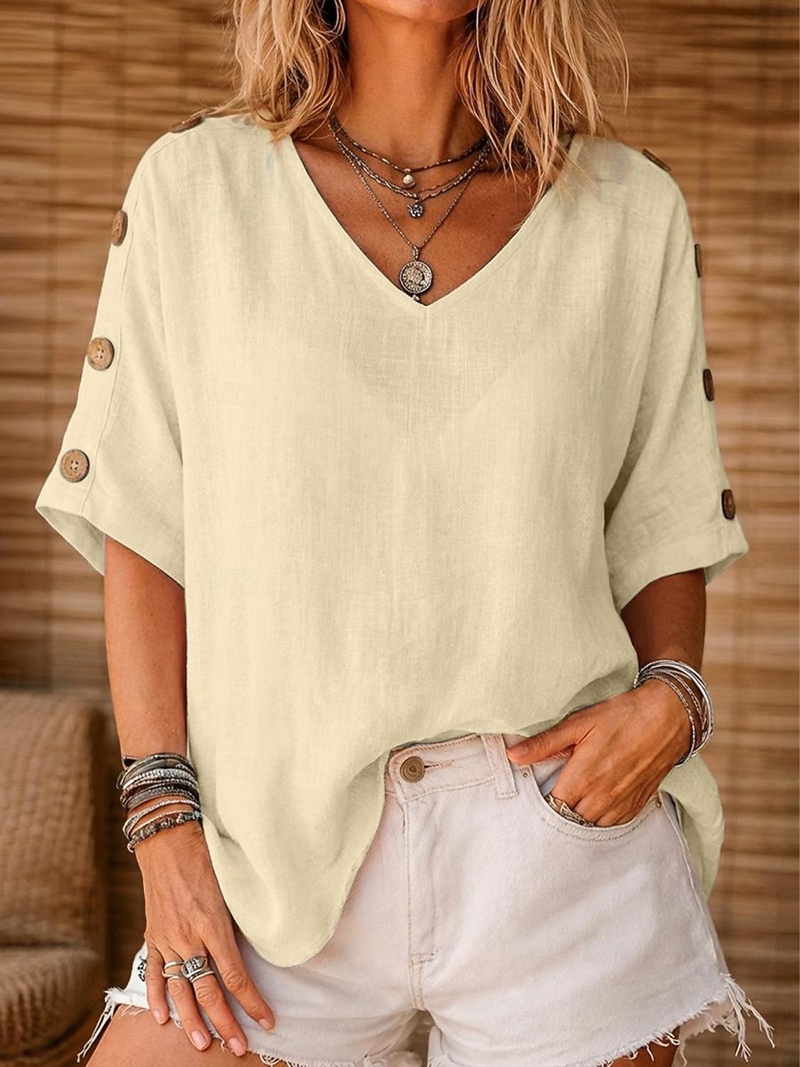 Per donna Camicia Camicie di cotone e lino Blusa Bottoni Tinta unica Essenziale Casual Manica Corta Manica a pipistrello Collo a U Top Regolari Casuale Quotidiano Bianco Giallo Verde chiaro Rosa Rosso del 2026 a $22.99 –P4