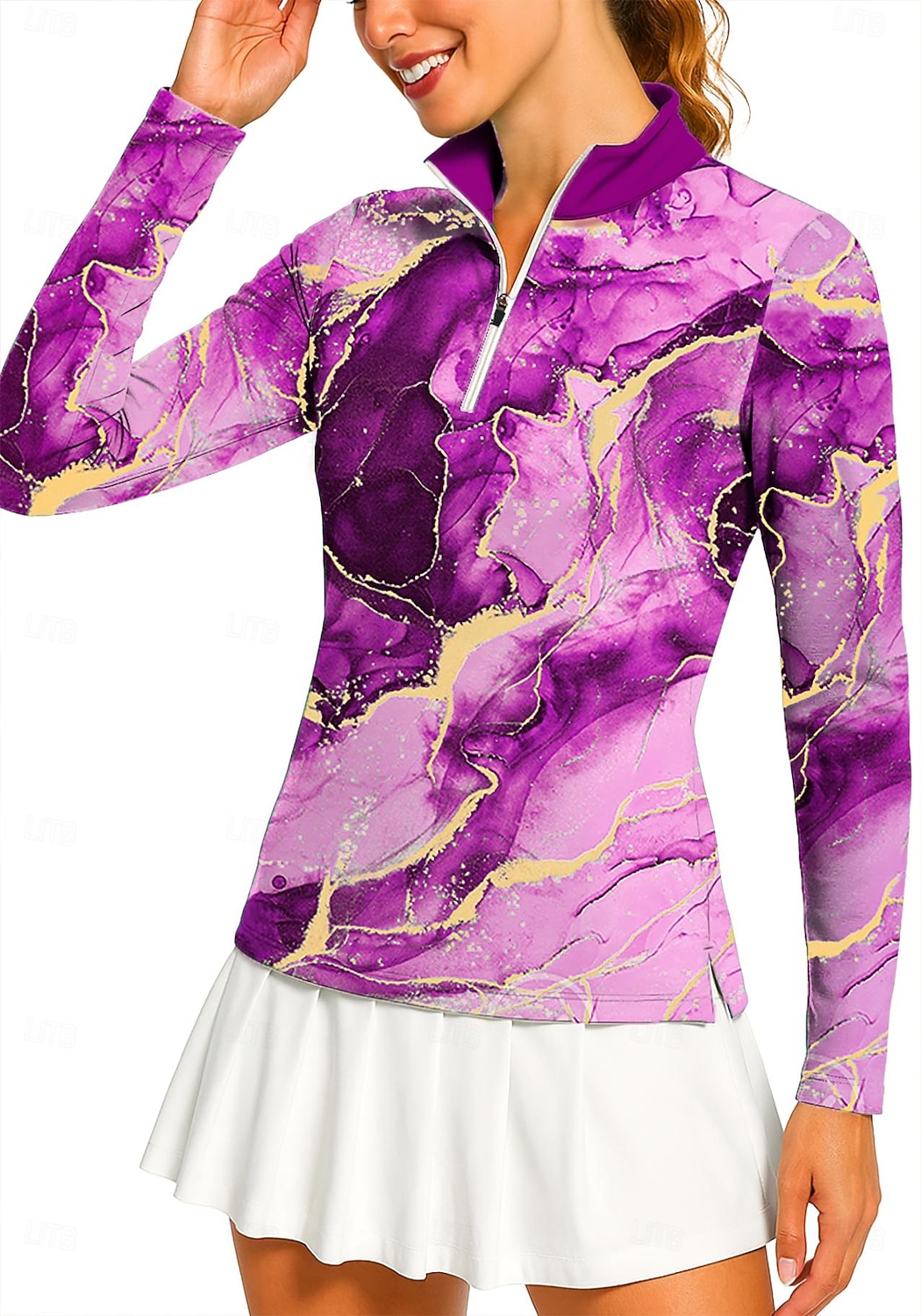Damen Marmor Golf-Poloshirt Tennis Shirt Tennis-T-Shirt Langarm Druck Viertel Postleitzahl Pullover UV Schutz Elastisch Atmungsaktiv Volleyball Tennis Golfspiel Stehkragen Reißverschlusskragen Hemd 2026 - $25.99 –P8