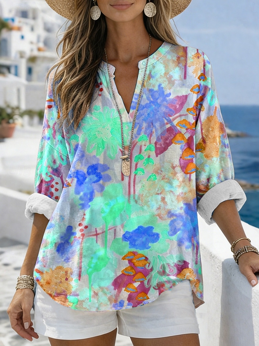 Dames Blouse Afdrukken Bloemig Grafisch Vintage Dagelijks Stijlvol Lange mouw V-hals Normale tops Casual Dagelijks Feestdagen blauw Geel Blozend Roze Paars Zomer Lente 2026 - $28.99 –P3