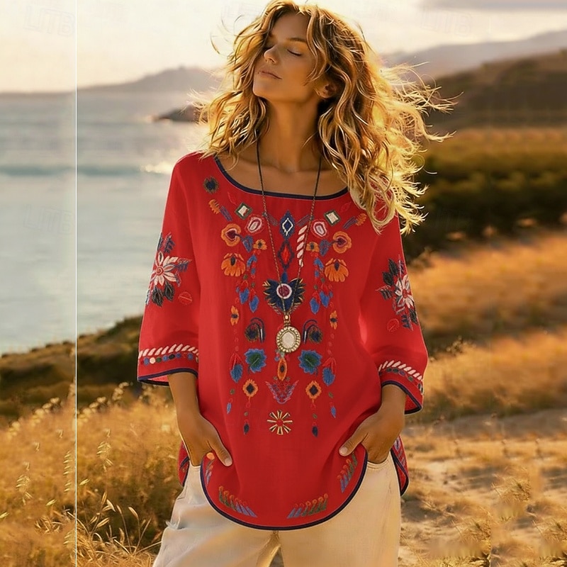 Dames Overhemd Overhemden met linnenlook Blouse Geborduurd Afdrukken Bloemig Vintage Stijlvol Korte mouw Strakke ronde hals Croptops Buiten Feestdagen Uitgaan Wit Geel Rood Zomer Lente 2026 - $27.99 –P3