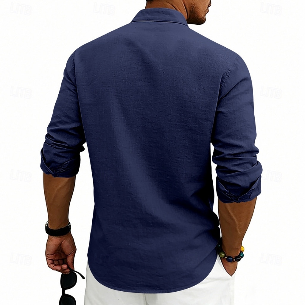 Homens Camisa Social Camisa de linho camisa de verão camisa de praia Tecido Casual Férias Preto Branco Rosa Azul Marinha Manga Longa Faixa Verão Primavera Roupa Bolsos de 2026 por $25.99 –P9