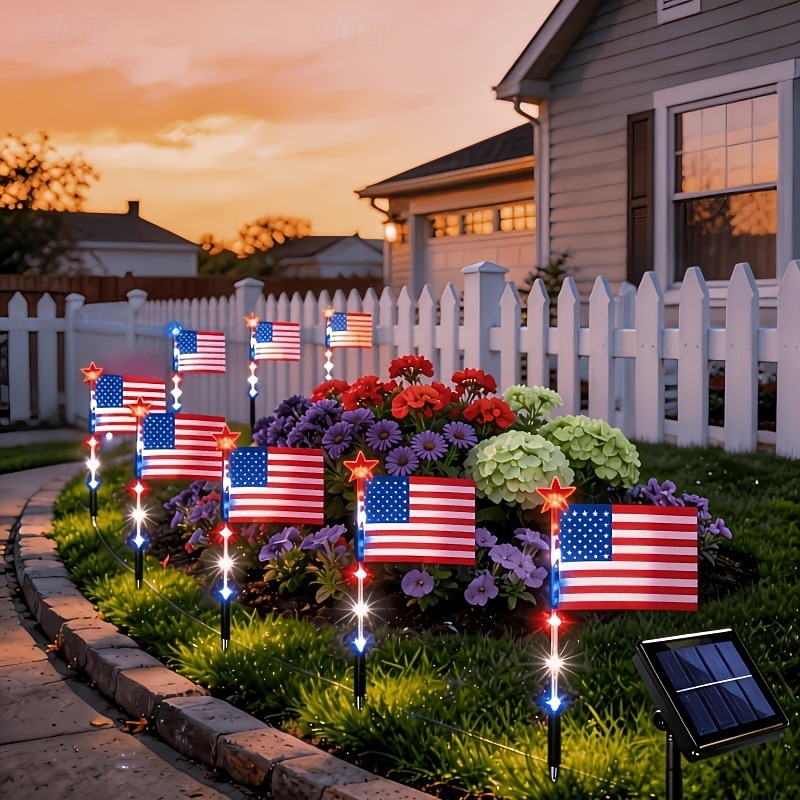 8 anslutna i 1 solcellsdrivna amerikanska flagggångslampor röda, vita och blå trädgårdsljus för 250-årsfirandet av självständighetsdagen patriotiska vattentäta LED-trädgårdsdekorationer för utomhusbruk, 4 juli och minnesdagen. 2026 - $27.99 –P3