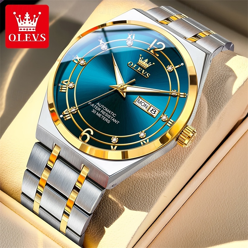 Men's Automatic Watch - Luxury Two-Tone Gold Stainless Steel Business Self Winding Wristwatch with Day Date, Waterproof Luminous Analog Dress Watch, Elegant Present for Husband Dad Son 2026 - $98.99 –P1
