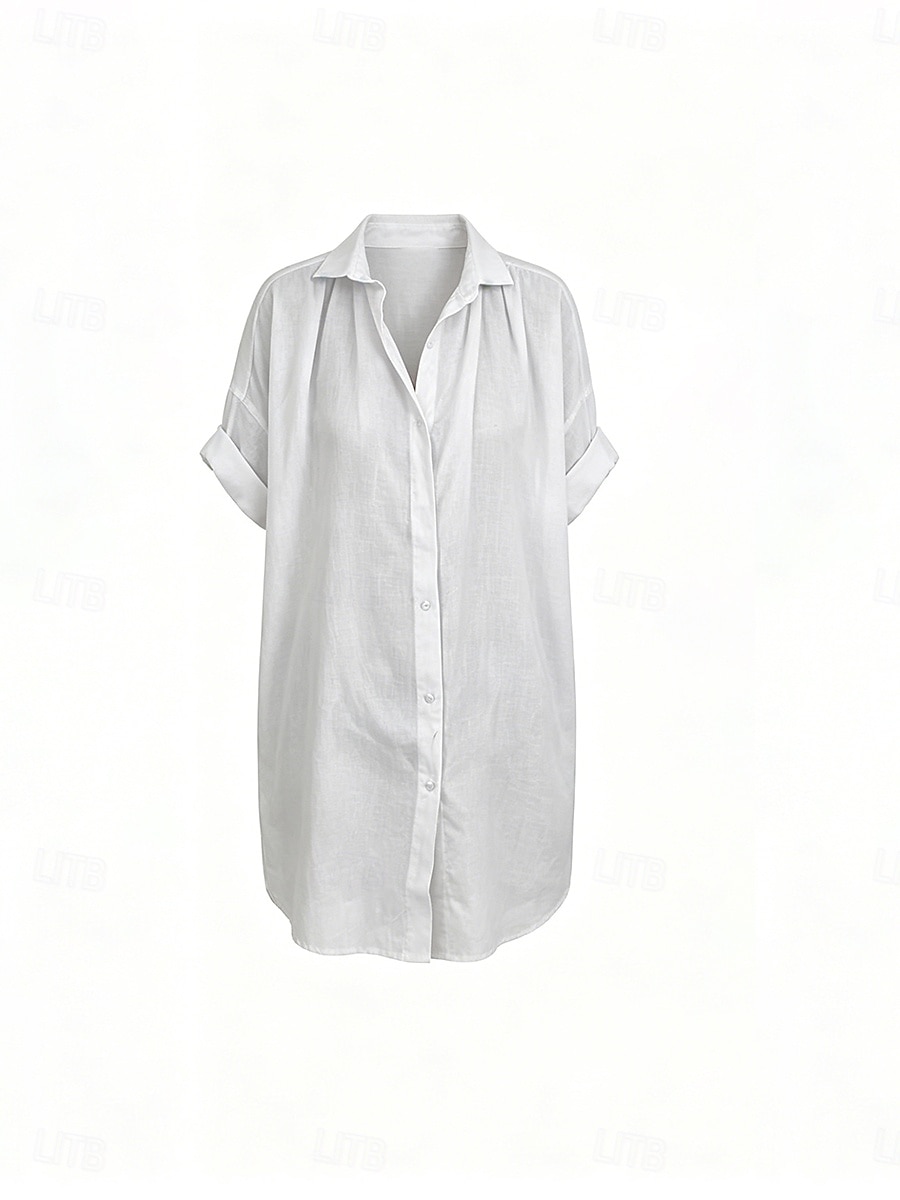 Жен. Рубашка Смешанная хлопковая ткань Бохо Рубашка Застегните кнопку вверх Полотняное плетение На каждый день Пляжный стиль С короткими рукавами Рубашечный воротник Обычные топы 2026 - $25.99 –P7