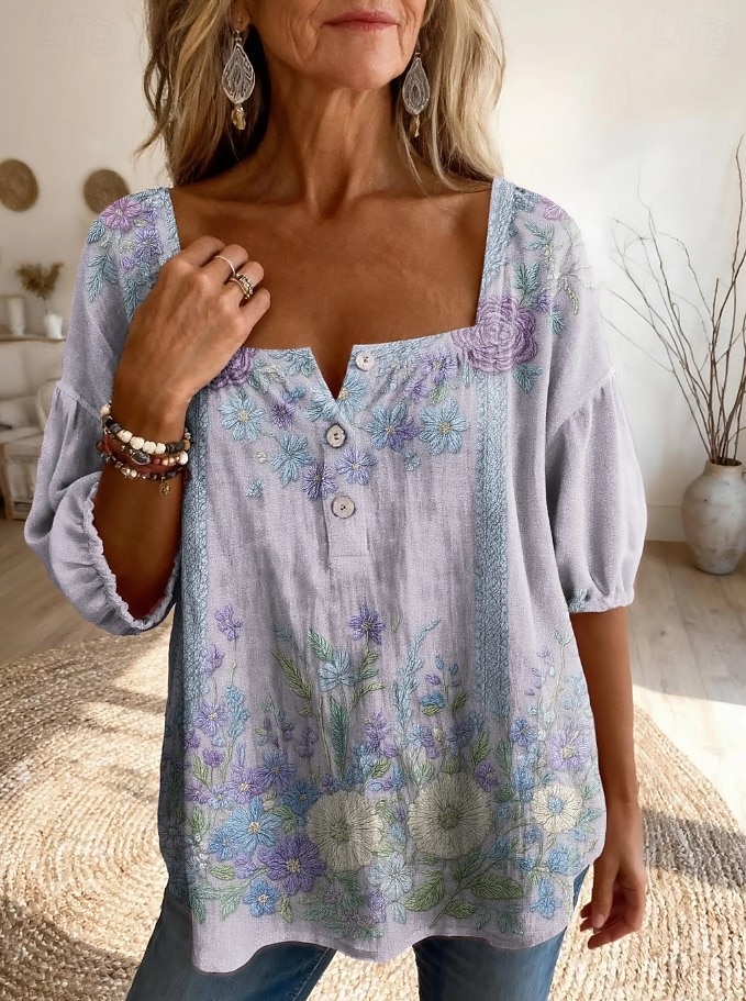 Γυναικεία Μπλούζα Σουρωτά Κεντητό Στάμπα Φλοράλ Γραφική Λαχούρι Καθημερινά Στυλάτο Βασικό Μισό μανίκι Τετράγωνη Λαιμόκοψη Κανονικά μπλουζάκια Καθημερινά 2026 - $29.99 –P9